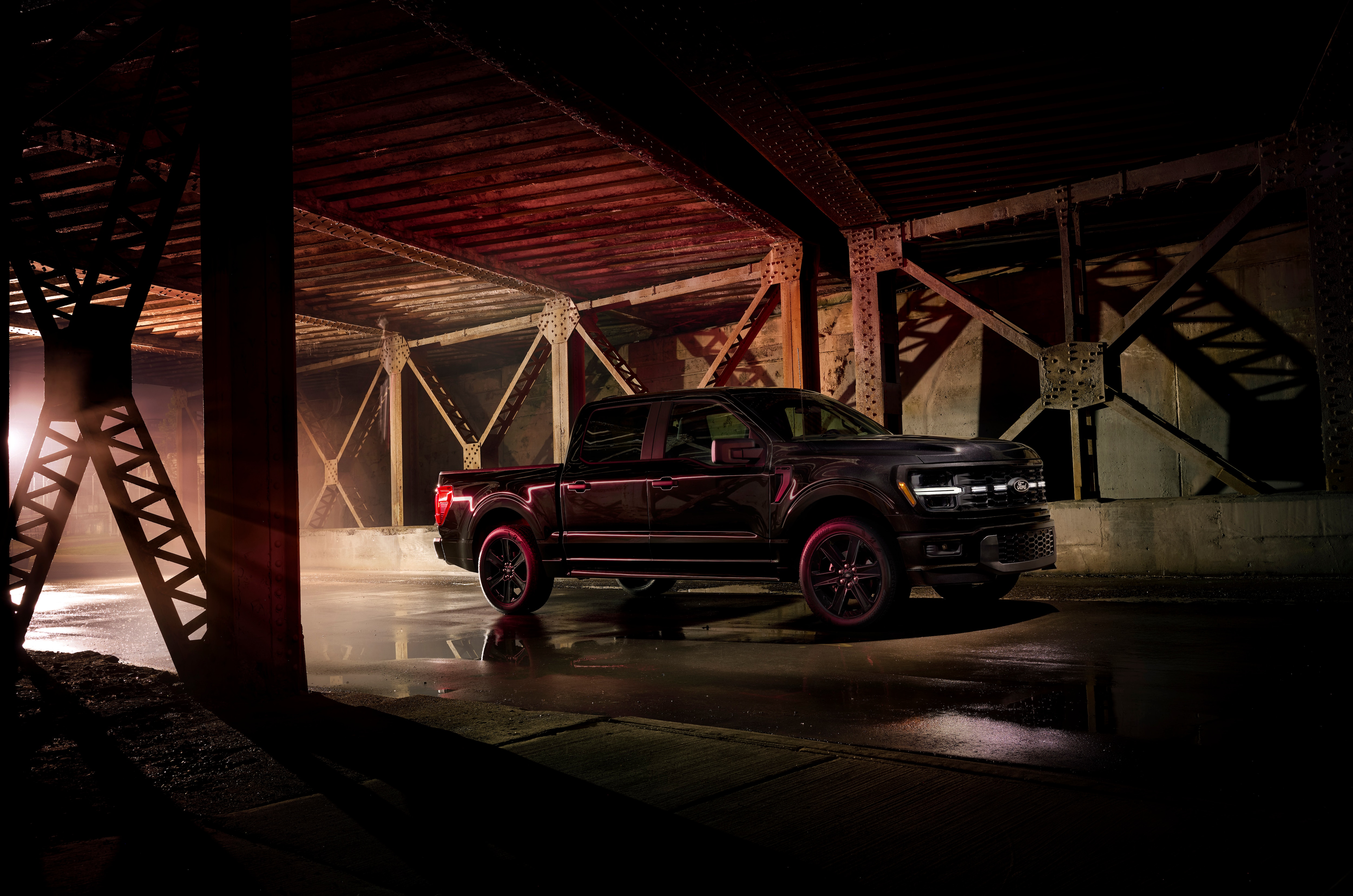 Night shot of black Ford F-150 Lobo